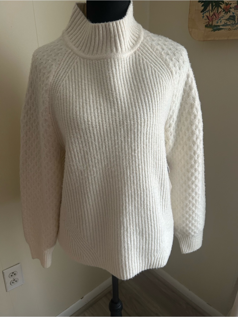 Calvin Klein Cream Ribbed Turtleneck Sweater with Textured Sleeves